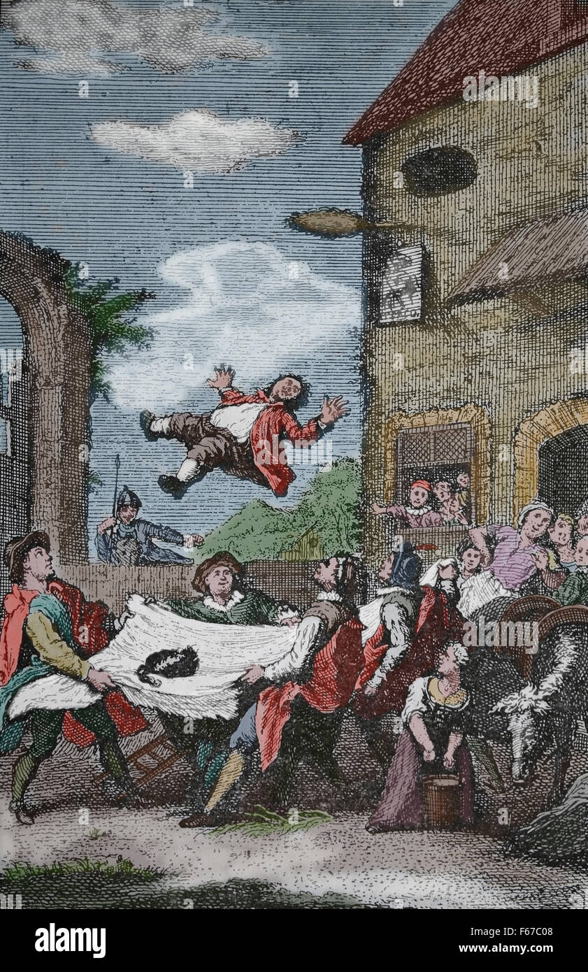 Don Chisciotte. Romanzo spagnolo di Miguel de Cervantes. 1605-1615. Incisione. Sancho Panza si lancia in una coperta da una banda di ladri. Foto Stock