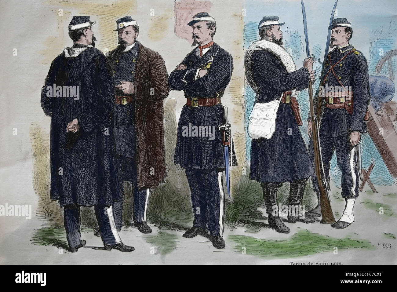 La Francia. Nuovo vestito. Battaglia di vestire. i soldati della pace. Incisione. Personalizzi da M. E. Demarquay. Xix secolo.Colore. Incisione. Foto Stock