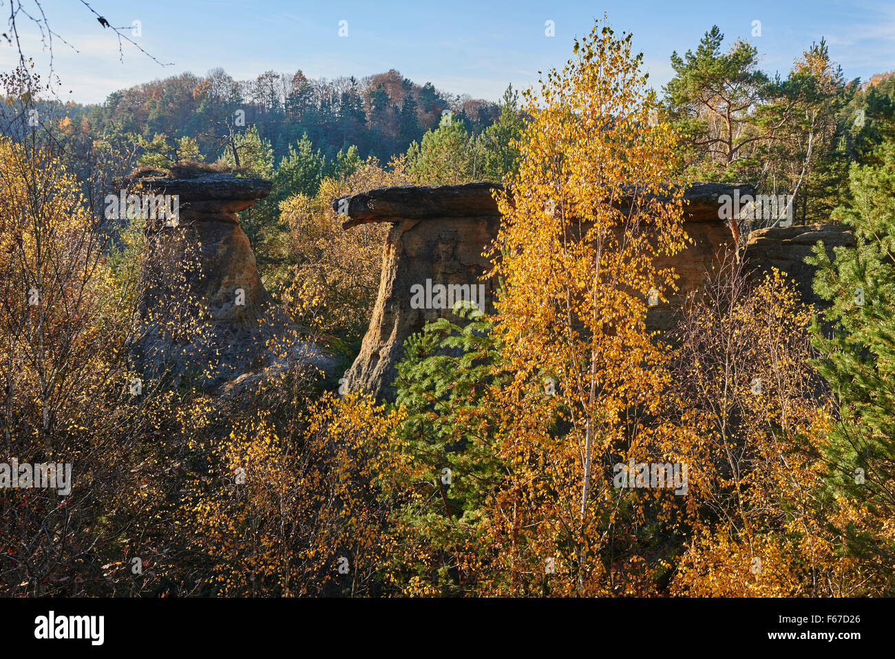 Le rocce di coperchi, pot coperchi, arenarie formazione - Piskovcovy utvar Poklicky, Kokorinsky dul, Kokorinsko, Repubblica Ceca Foto Stock