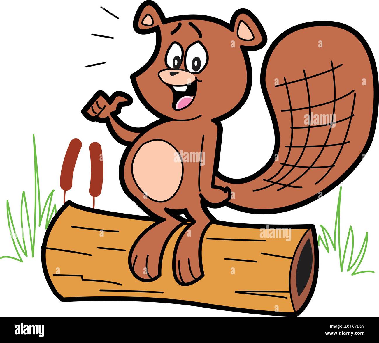 Happy Cartoon Beaver in piedi su un log Illustrazione Vettoriale