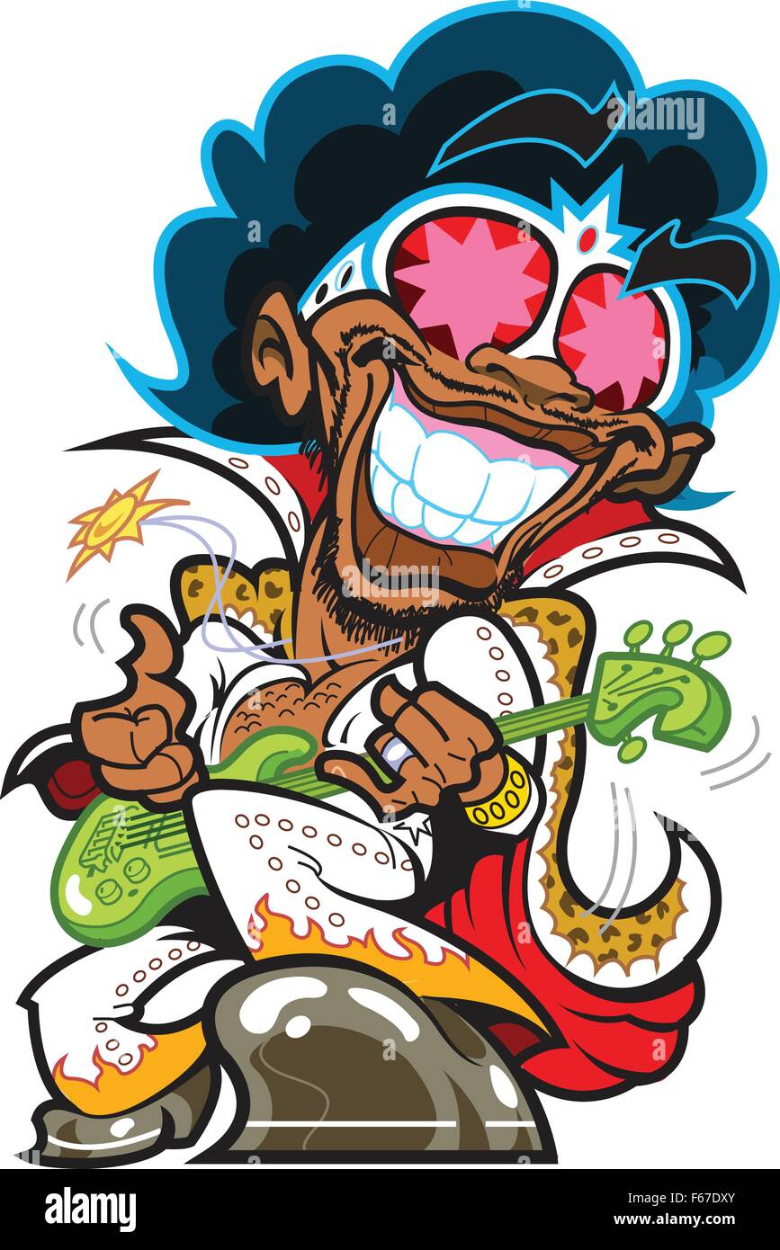 Super Funky sorridente Bass Player sorridente e slapping i bassi Illustrazione Vettoriale