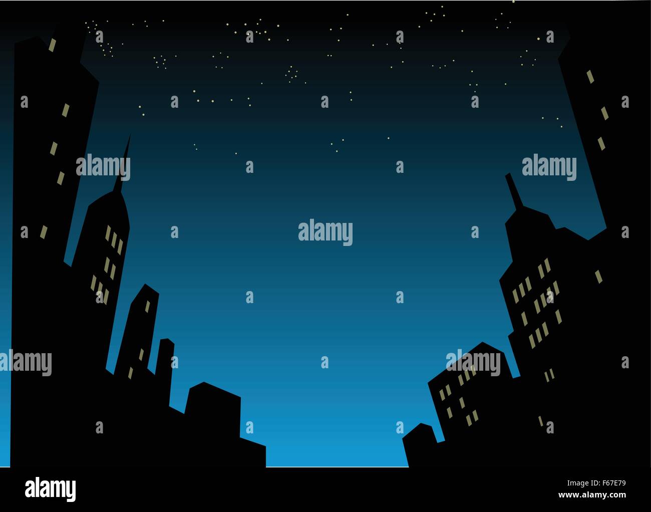 Lo stile grafico Cartoon notte dello skyline della città sullo sfondo Illustrazione Vettoriale