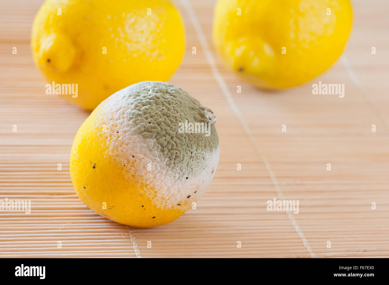 Cariati giallo limone giacente sul tappetino, piene di muffa e di marcio male lo spreco di cibo, un limone spazzatura e buoni frutti dietro... Foto Stock