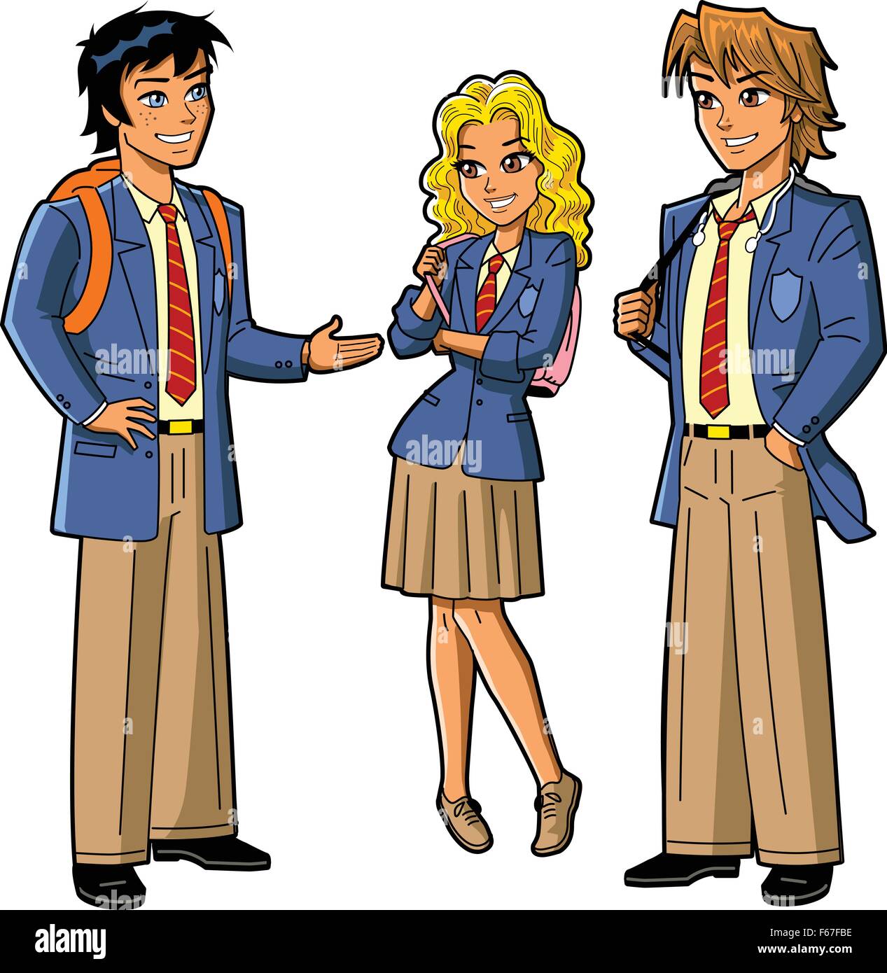 Tre stile anime studenti in uniformi di scuola Illustrazione Vettoriale