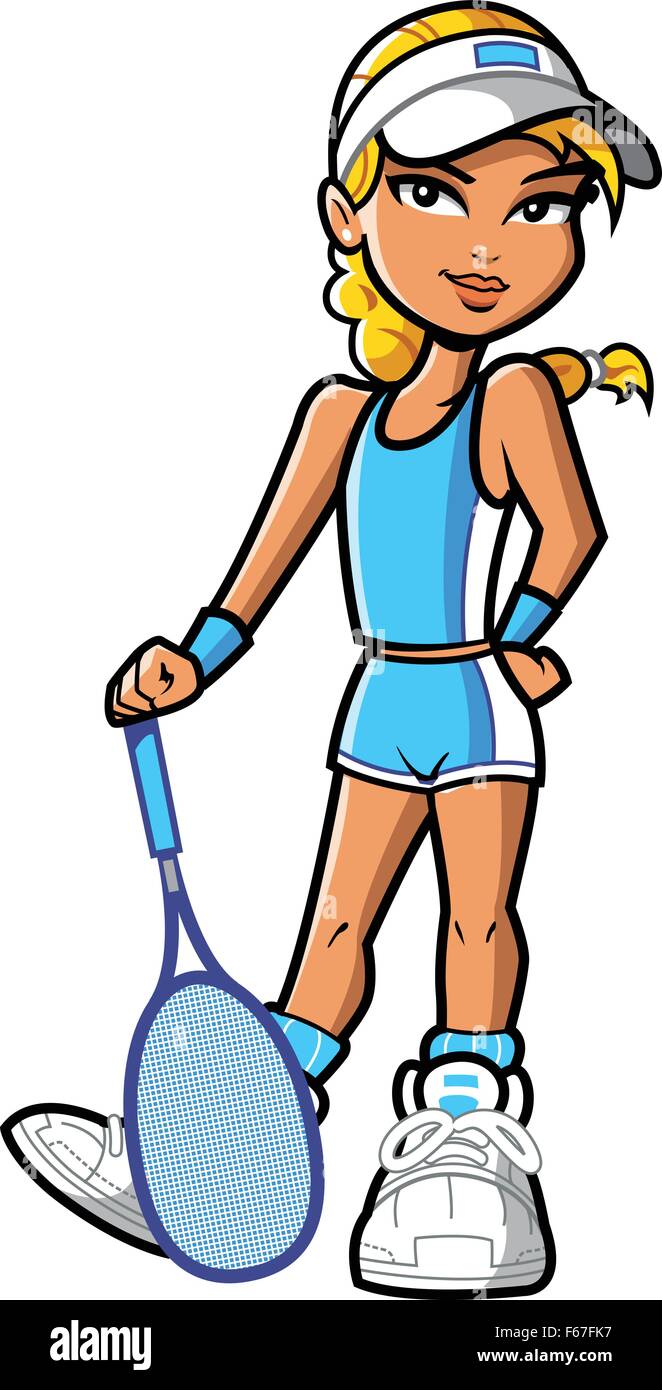Fiducioso piuttosto giovane bionda ragazza femmina giocatore di tennis con visiera, racchette e atteggiamento. Illustrazione Vettoriale