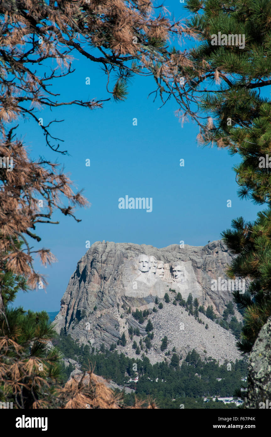 Il monte Rushmore volti, Norbeck si affacciano, Iron Mountain Road, Custer State Park, Black Hills, South Dakota. Foto Stock