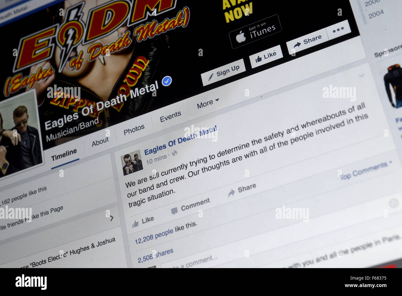 La pagina Facebook di aquile di morte di metallo che si stavano giocando al Bataclan Concert Hall durante gli attacchi terroristici Foto Stock