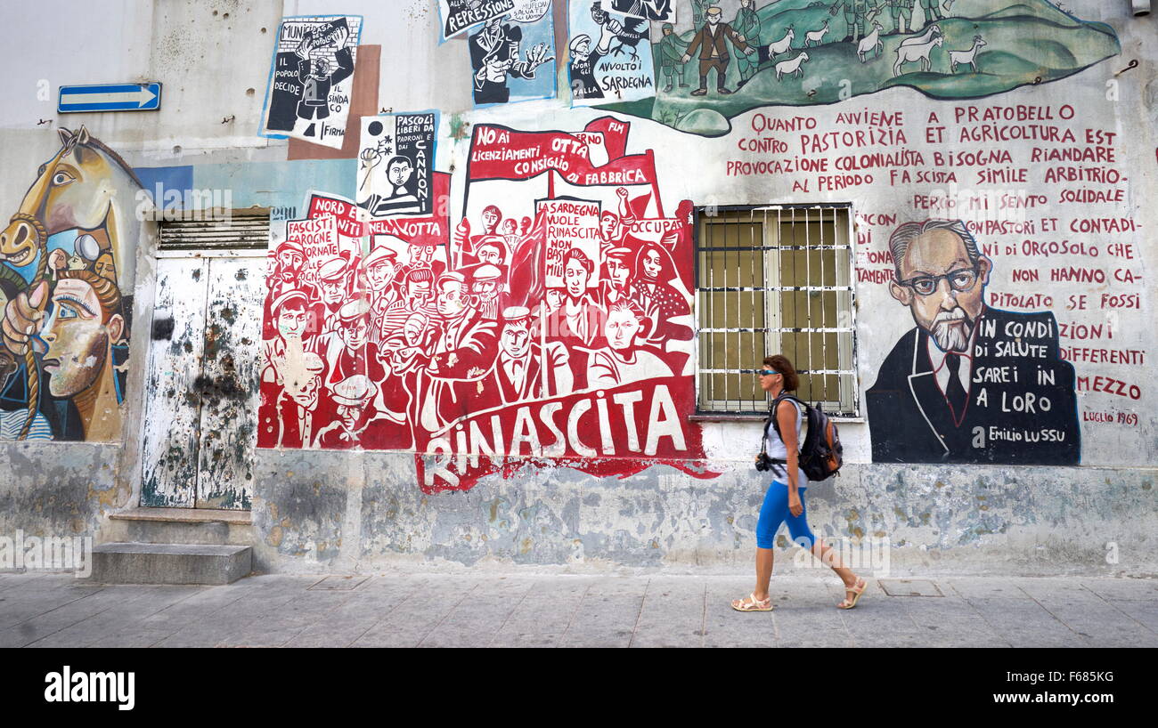 Murales in Orgosolo Village, street art wall painting, Sardegna, Italia Foto Stock