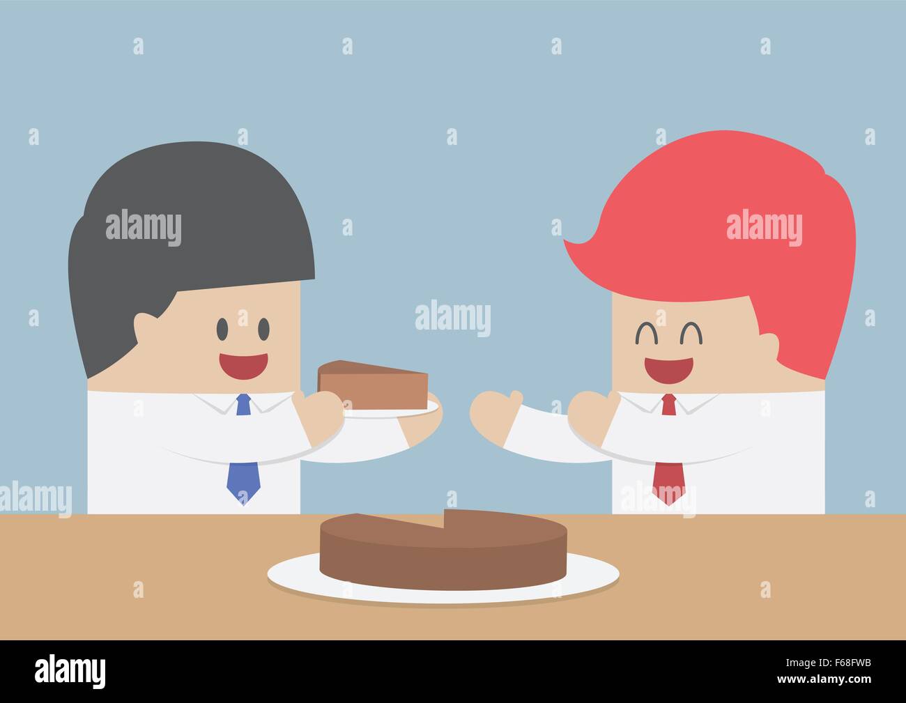 Imprenditore dare un pezzo di torta ad un altro, la quota di mercato concetto, vettore EPS10 Illustrazione Vettoriale