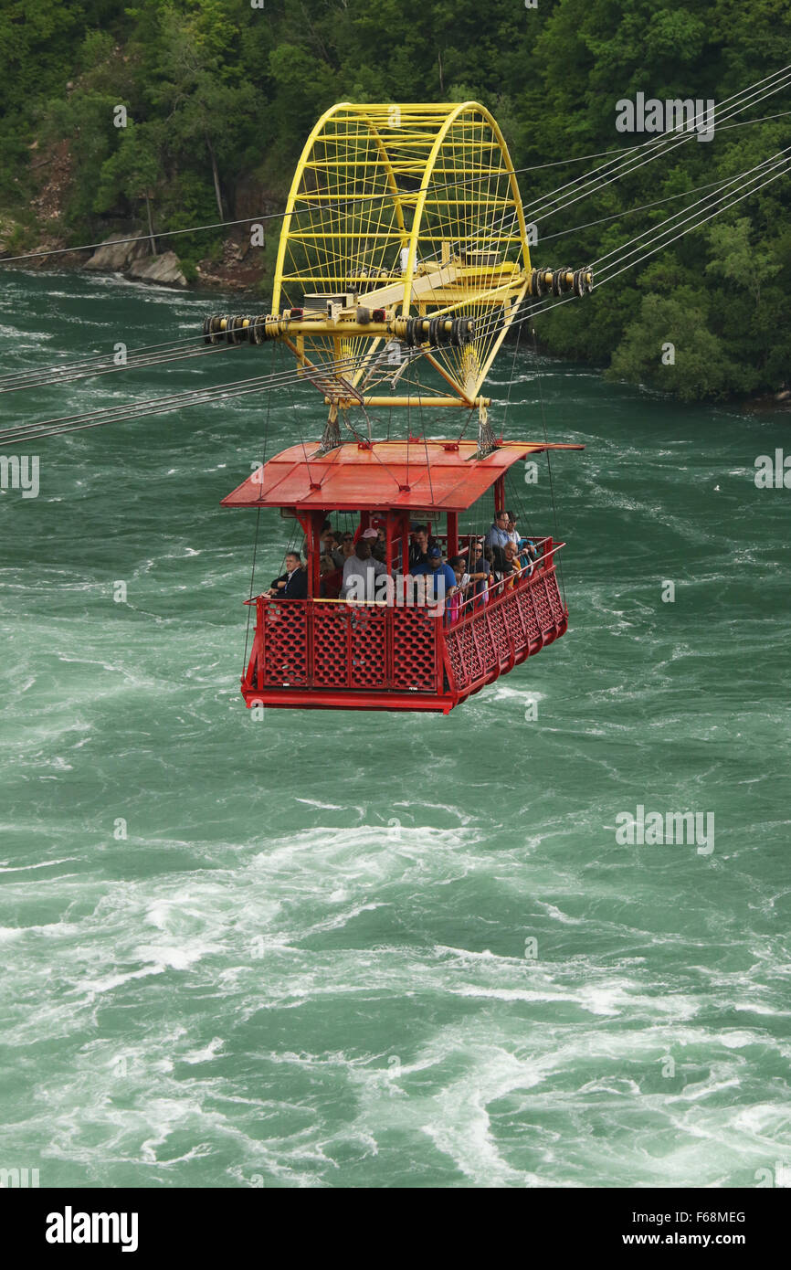 Idromassaggio Aero auto. I turisti vista fiume Niagara idromassaggio da questo cavo auto. Niagara Parks, Ontario, Canada. Foto Stock