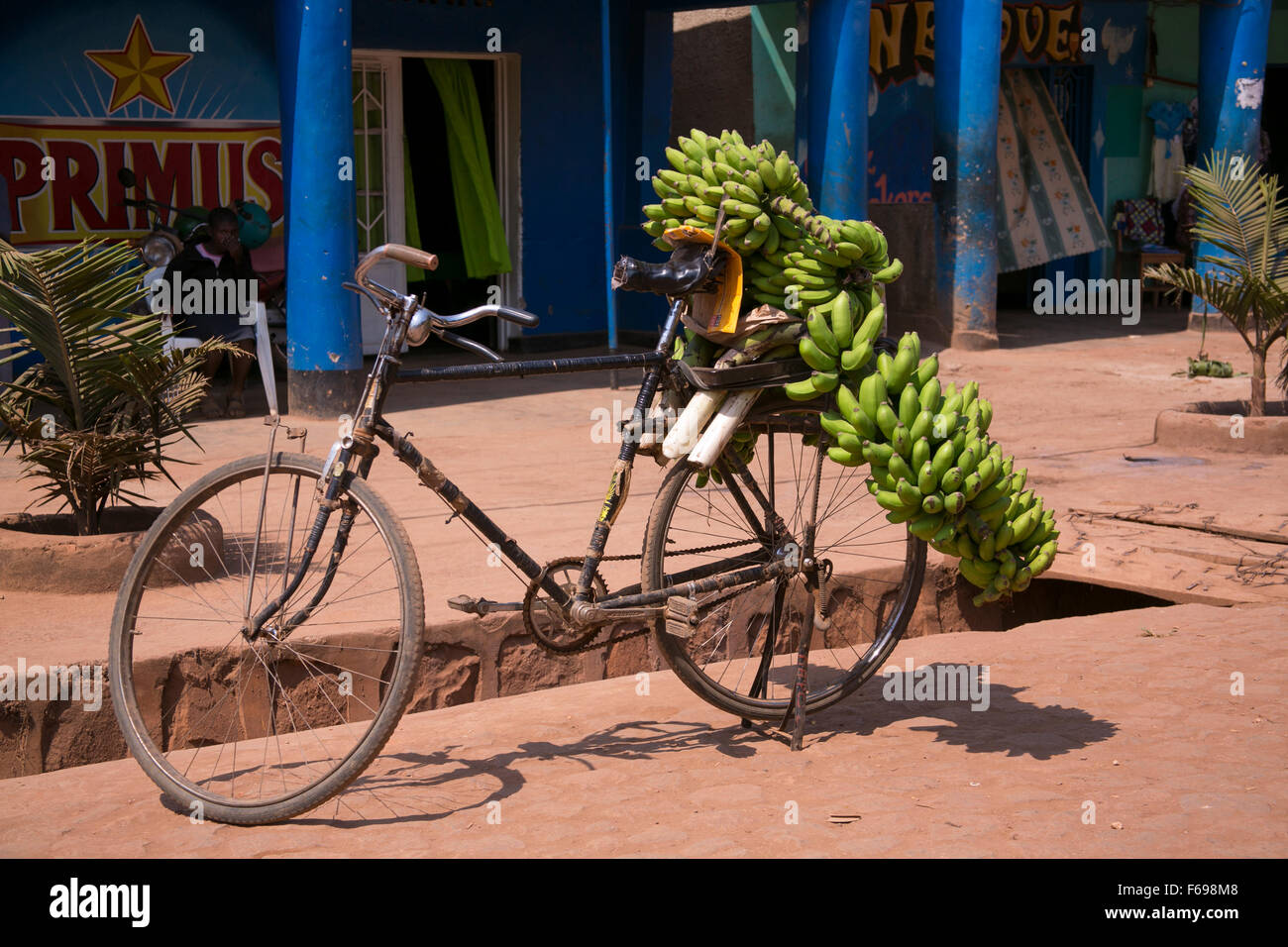 Banane su una bicicletta pronti per essere trasportati in Kayonza, Ruanda. Foto Stock