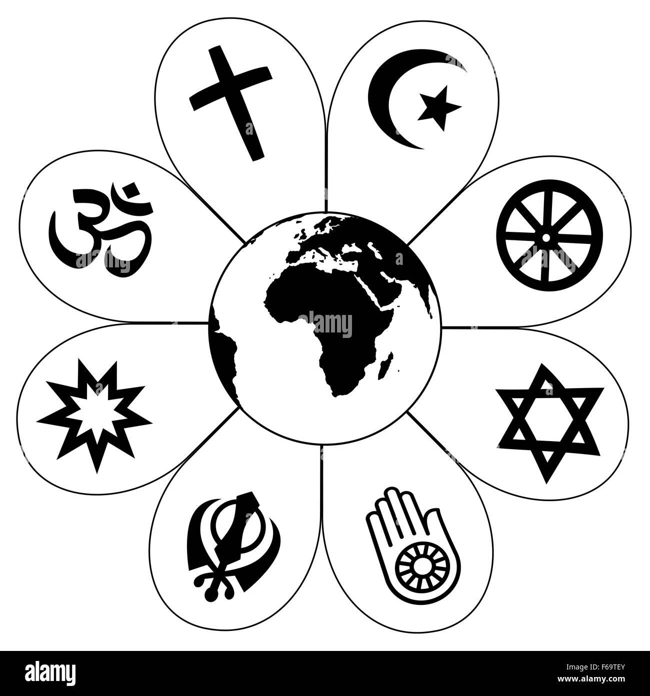 Le religioni del mondo - fiore icona resa dei simboli religiosi e del pianeta terra in centro. Immagine su sfondo bianco. Foto Stock