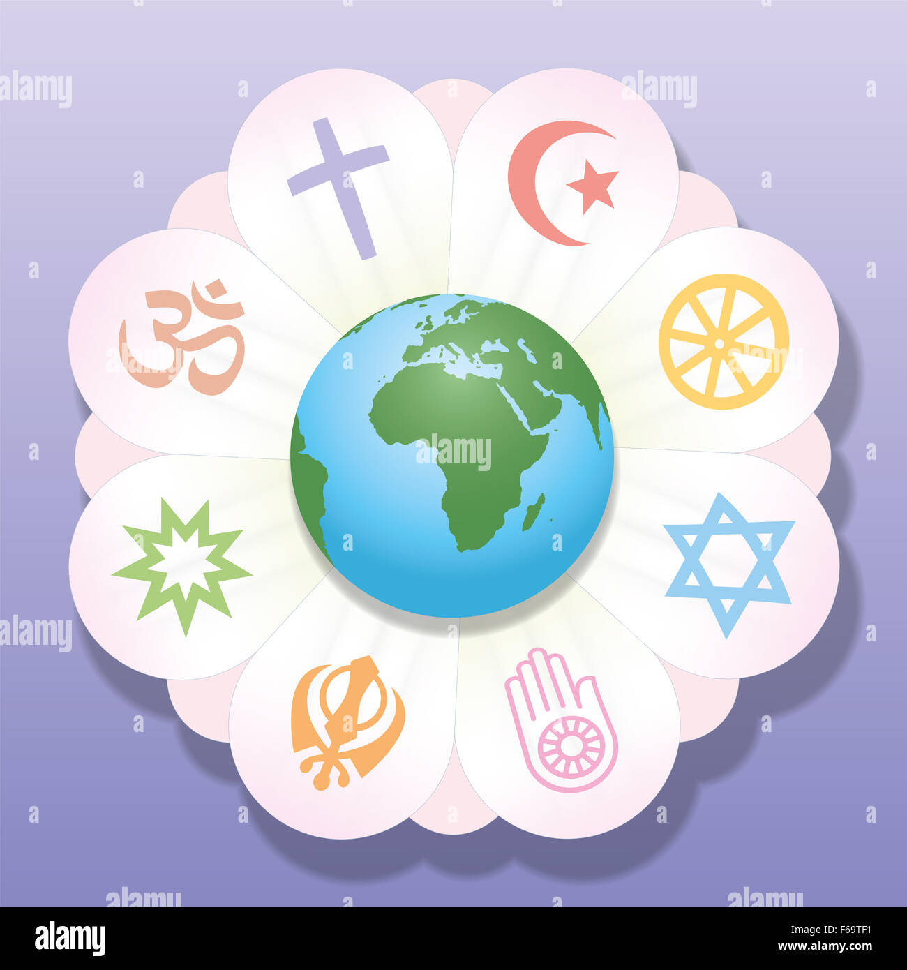 Le religioni del mondo uniti come i petali di un fiore - un simbolo per i religiosi la solidarietà e la coerenza. Foto Stock