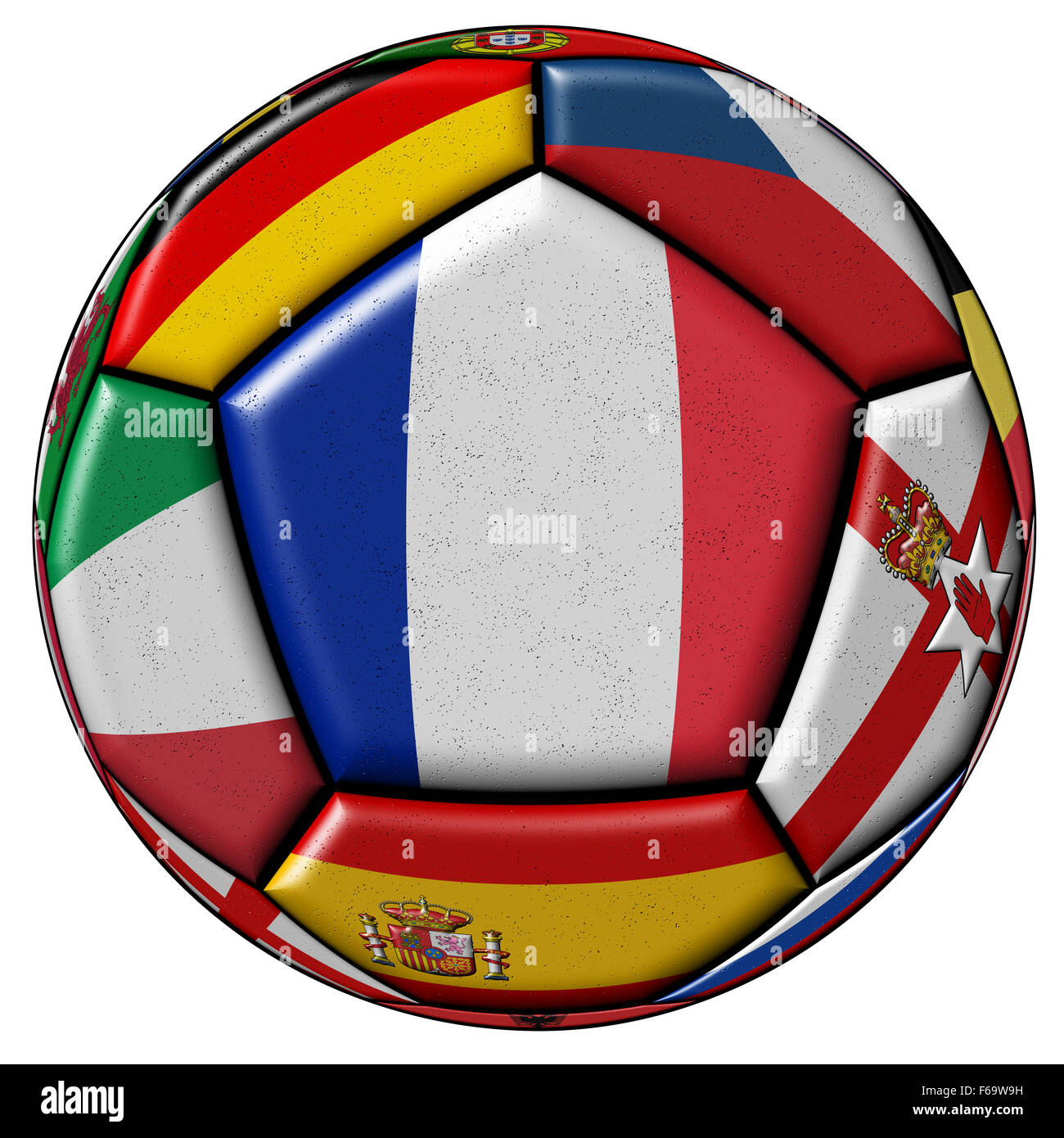 Pallone da calcio con le bandiere di paesi europei - la bandiera della Francia nel centro Foto Stock