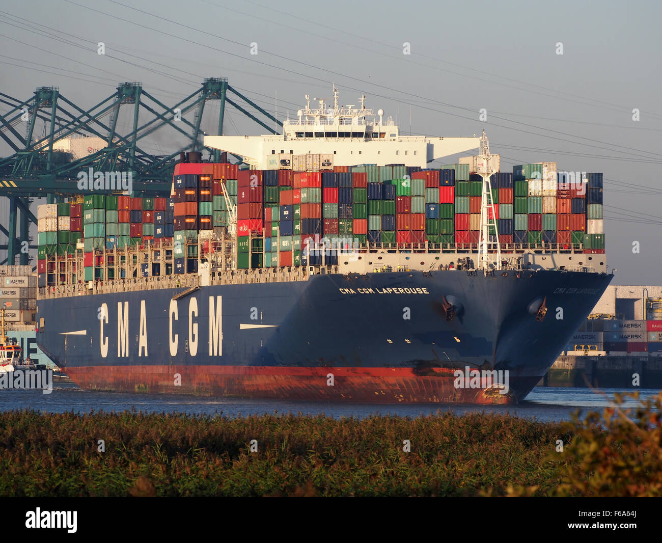 La CMA CGM Laperouse, una nave portacontainer costruita nel 2010, è ormeggiata a Deurganckdok, nel porto di Anversa, Belgio, coinvolta nel settore navale e logistico globale. Foto Stock