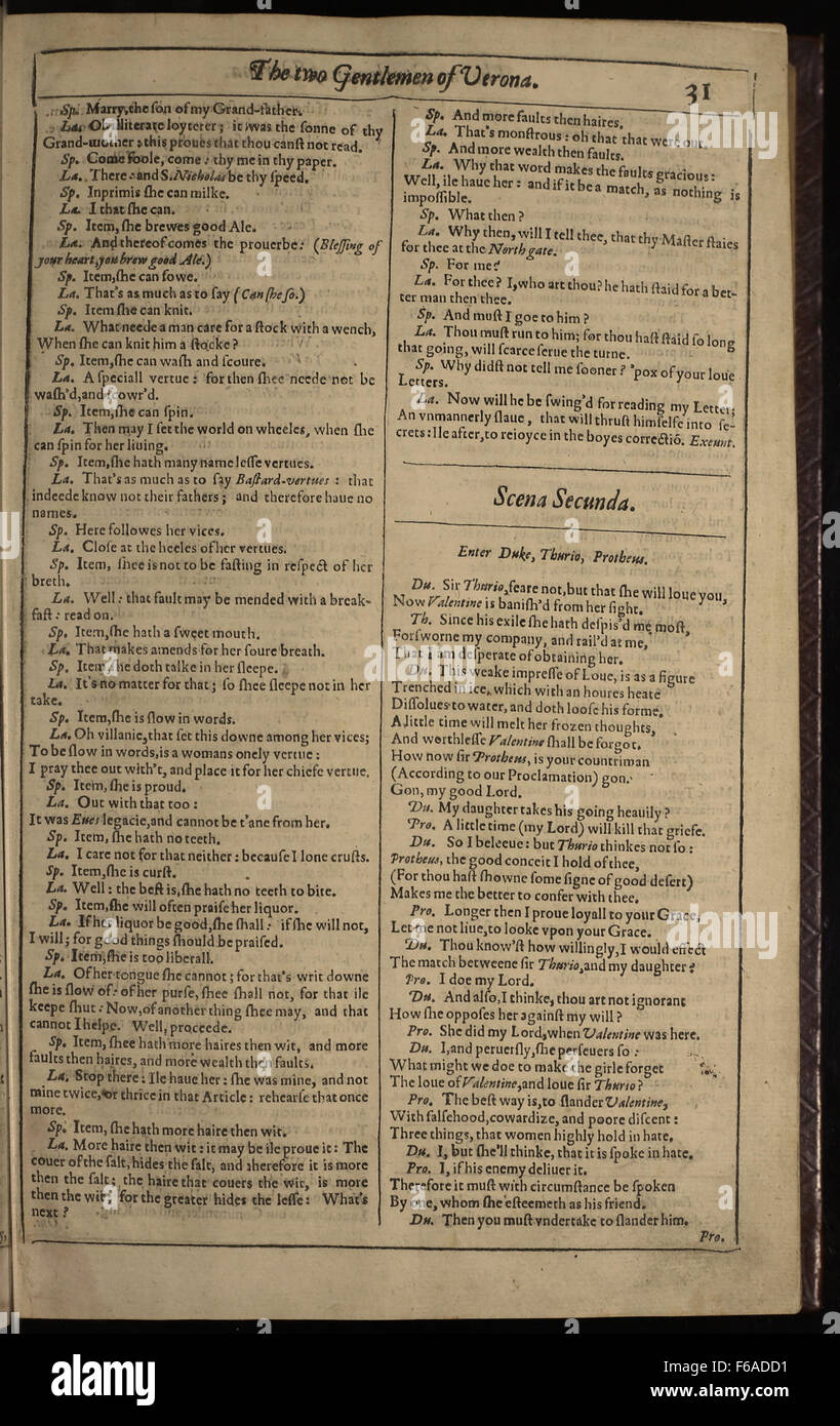 Una prima edizione in folio di "i due signori di Verona" di William Shakespeare, con la dodicesima pagina del primo testo stampato. Questo foglio è un artefatto chiave per la conservazione e lo studio delle opere di Shakespeare, che mostra i primi teatri inglesi. Foto Stock