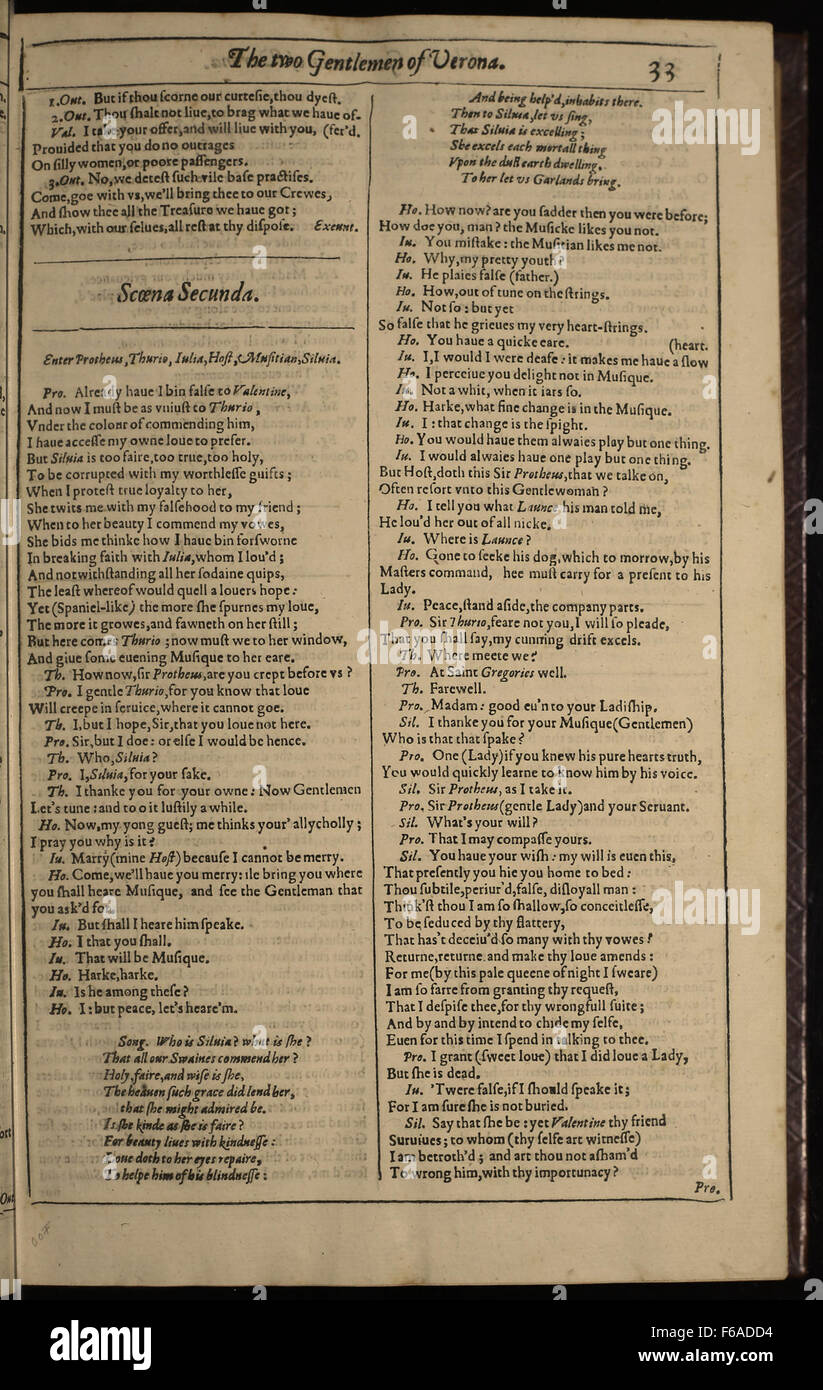 Pagina 14 della prima edizione Folio (1623) di Shakespeare 'i due signori di Verona', una commedia sull'amicizia, la lealtà e l'amore romantico. Foto Stock
