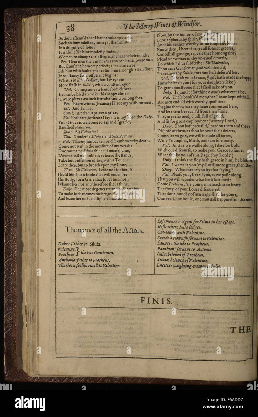 Questa immagine mostra la pagina 19 di "i due signori di Verona" del primo Folio di Shakespeare, stampato nel 1623. È una delle commedie di Shakespeare, che mette in mostra temi di amicizia e tradimento. Foto Stock