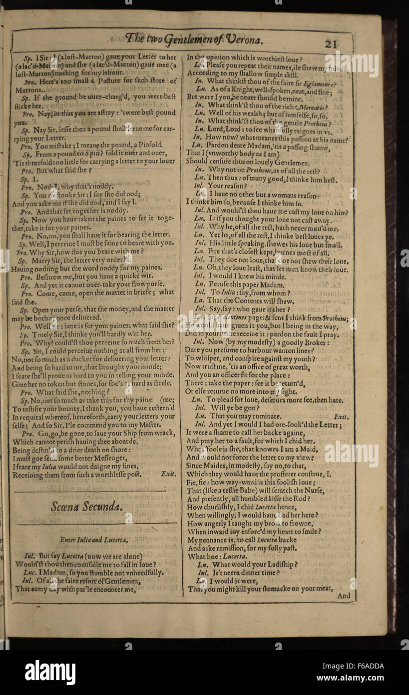 Questa immagine mostra la pagina 2 di "i due signori di Verona", parte del primo Folio delle opere di William Shakespeare. Il primo Folio è un pezzo cruciale nella storia della letteratura inglese. Foto Stock