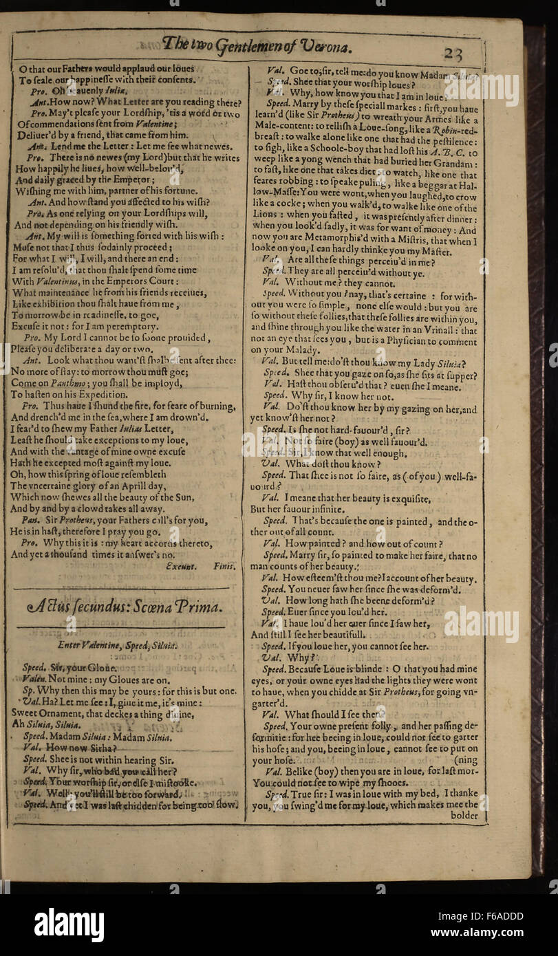 Questa pagina della prima edizione Folio di Shakespeare 'i due signori di Verona' presenta la quarta pagina, parte della prima edizione raccolta delle opere di Shakespeare. Il primo Folio è un importante libro storico che conserva gran parte della produzione letteraria di Shakespeare, rendendolo una pietra angolare della letteratura inglese. Foto Stock