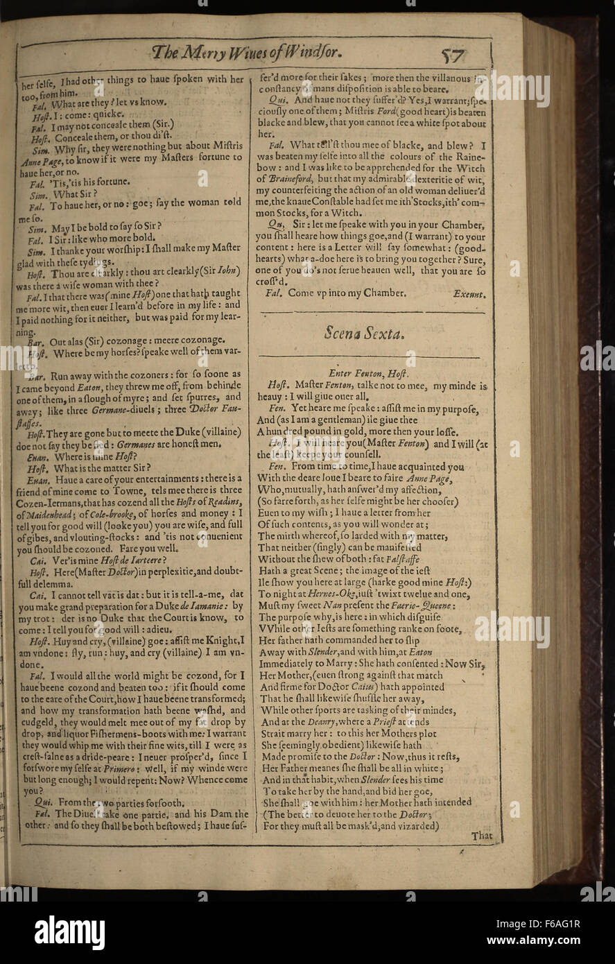 Pagina 19 di *le allegre mogli di Windsor*, parte del primo Folio, presenta questa commedia di William Shakespeare. La commedia si concentra sulle fughe umoristiche che circondano il personaggio di Falstaff e i suoi tentativi di corteggiare due donne sposate. Foto Stock