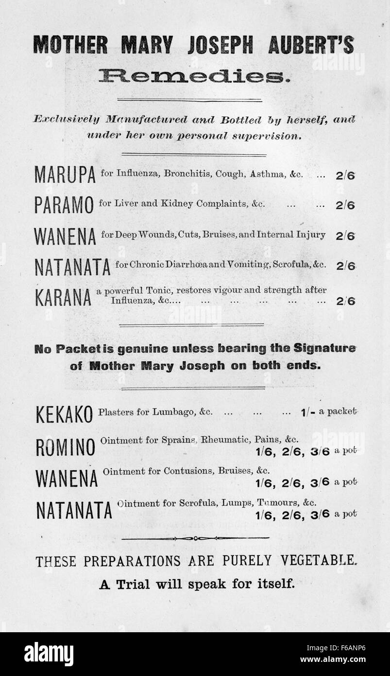 Un riferimento storico ai rimedi di madre Mary Joseph Aubert, prodotti e imbottigliati dal suo ordine religioso all'inizio del XX secolo. Aubert era nota per i suoi contributi all'assistenza sanitaria nelle isole del Pacifico. Foto Stock
