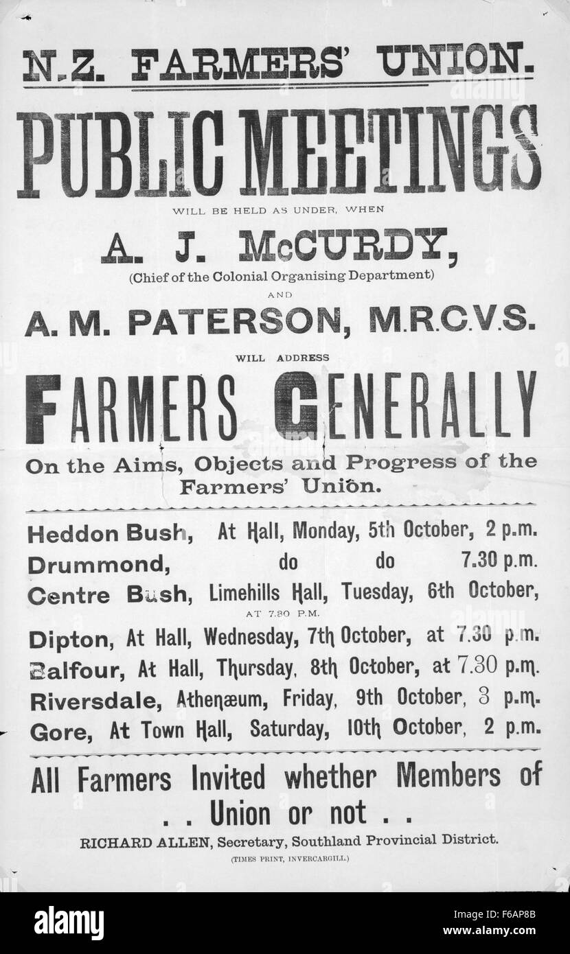 L'Unione degli agricoltori neozelandesi ha tenuto riunioni pubbliche per discutere le questioni e le politiche agricole che incidono sulle comunità agricole locali. Le riunioni hanno riguardato questioni economiche, ambientali e legislative rilevanti per il settore. Foto Stock