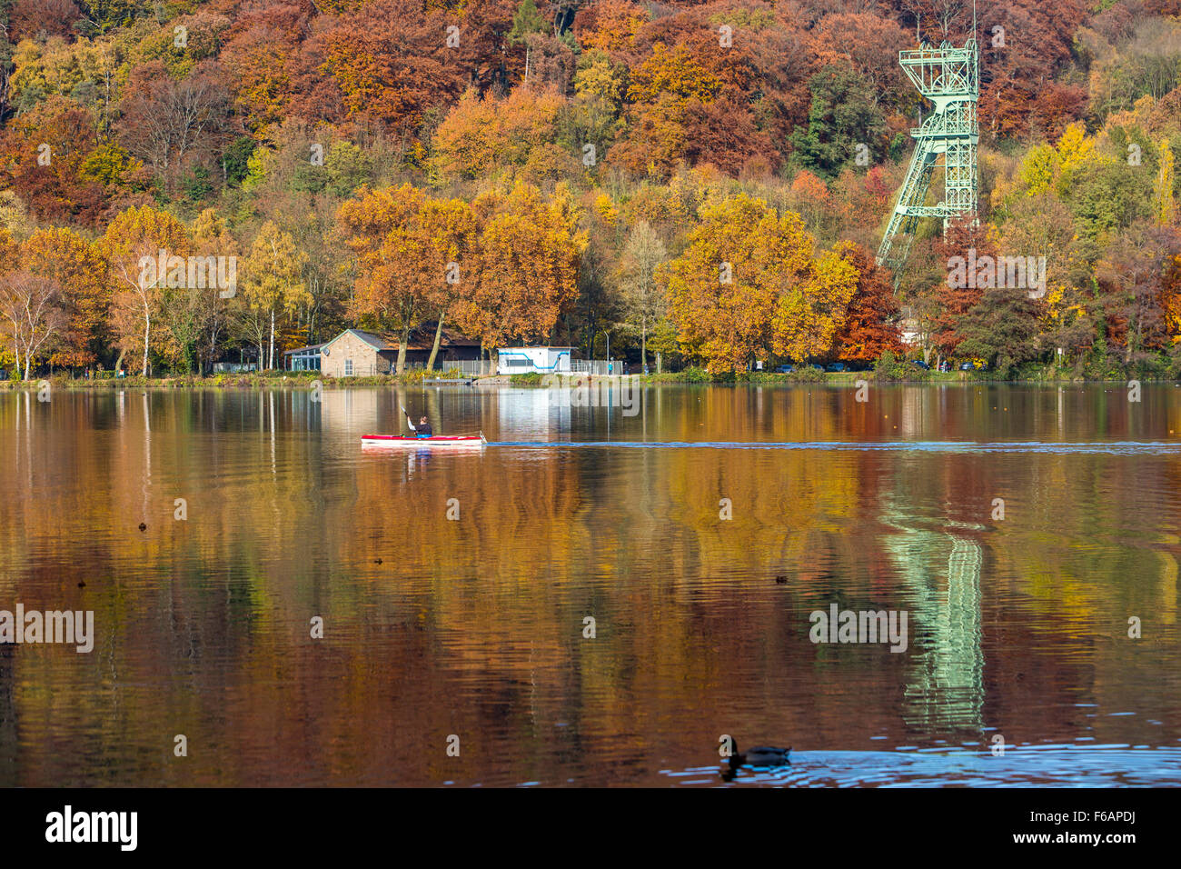 Lago Baldeneysee, di Essen, in Germania, la caduta di alberi in autunno colori, torre di avvolgimento della ex miniera di carbone Carl Funke, fiume Ruhr Foto Stock