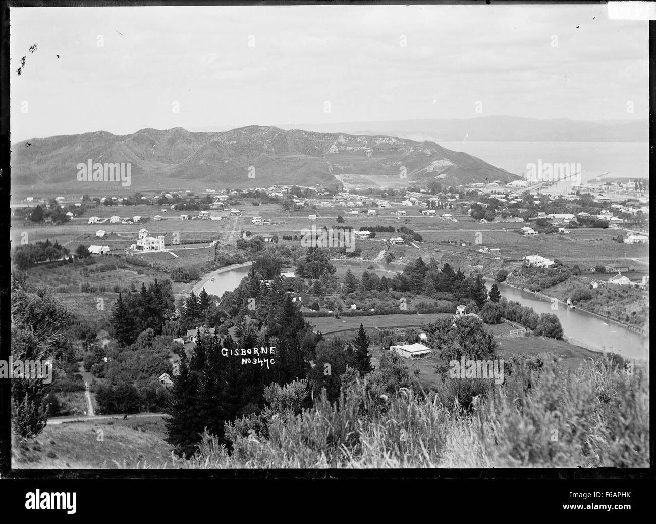 Questa vista panoramica di Gisborne, nuova Zelanda, mette in evidenza il paesaggio costiero panoramico della città, con vegetazione lussureggiante e vedute oceaniche caratteristiche di questa vibrante parte dell'Isola del Nord. Foto Stock