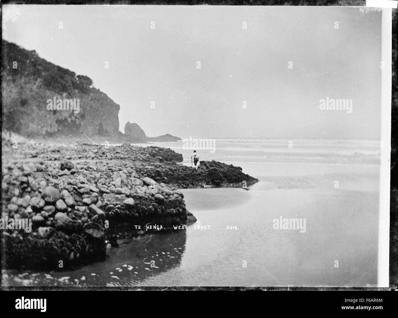 La costa rocciosa di te Henga, conosciuta anche come Bethells Beach, situata sulla costa occidentale dell'Isola del Nord della nuova Zelanda, è caratterizzata da aspre scogliere e suggestivo paesaggio costiero, popolare per la sua bellezza panoramica e i sentieri escursionistici. Foto Stock