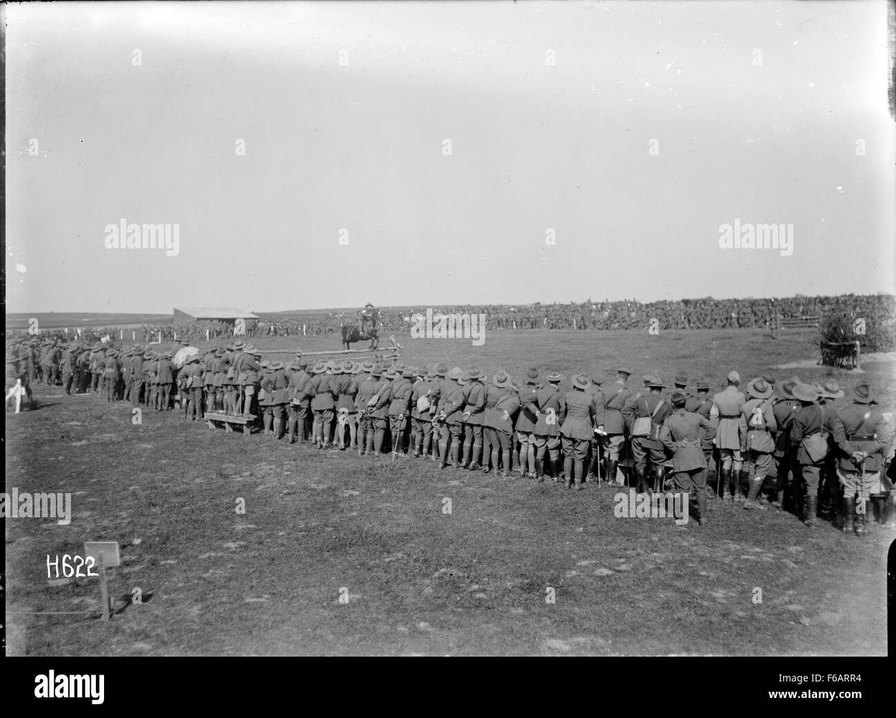 Una fotografia storica che mostra l'anello dell'evento presso la New Zealand Infantry Brigade, catturando un momento durante un evento o una competizione ippica. L'immagine mette in evidenza la tradizione militare e le abilità equestri. Foto Stock