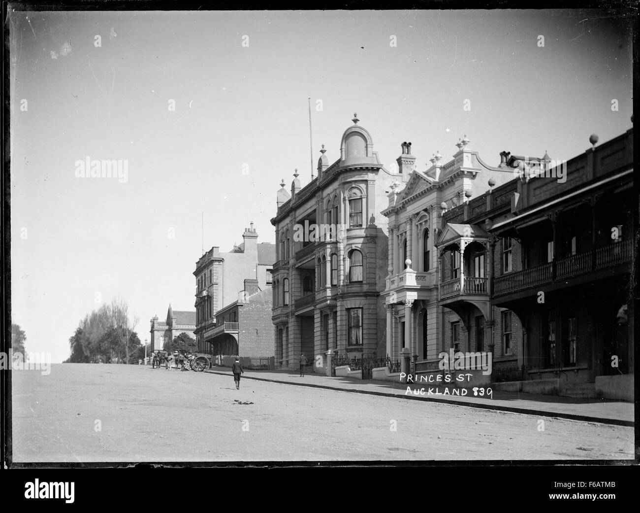 Questa fotografia mostra una vista di Princes Street, una delle strade principali di Auckland, nuova Zelanda. Conosciuta per i suoi edifici storici, i quartieri dello shopping e la vivace vita cittadina, la strada è una caratteristica fondamentale nel cuore della zona centrale degli affari di Auckland. Foto Stock