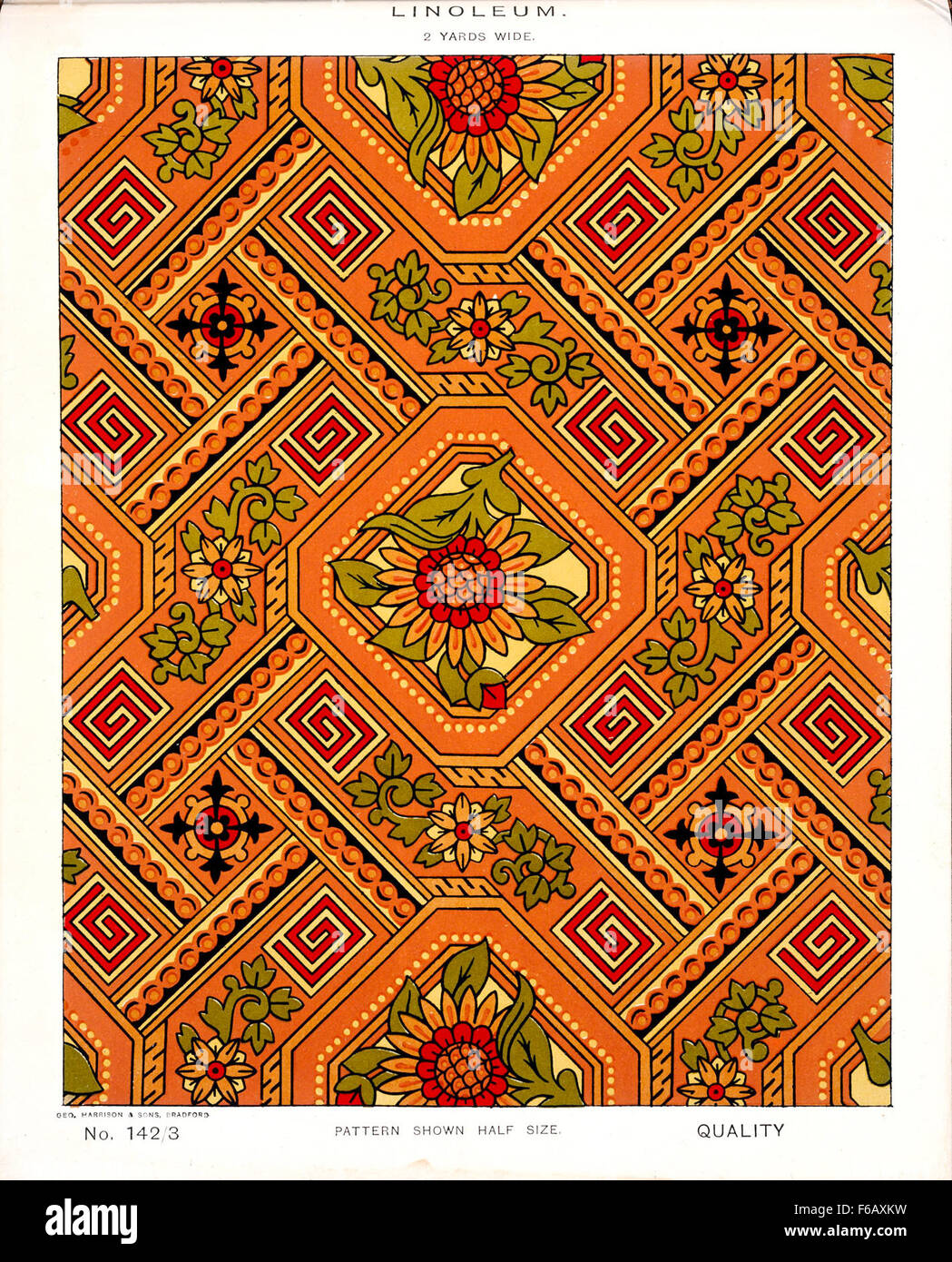 Questo linoleum di epoca vittoriana, prodotto da George Harrison & Co di Bradford, misura due metri di larghezza e riflette la storia antica del linoleum come rivestimento del pavimento resistente in case e aziende. Foto Stock Questo linoleum di epoca vittoriana, prodotto da George Harrison & Co di Bradford, misura due metri di larghezza e riflette la storia antica del linoleum come rivestimento del pavimento resistente in case e aziende. Foto Stock