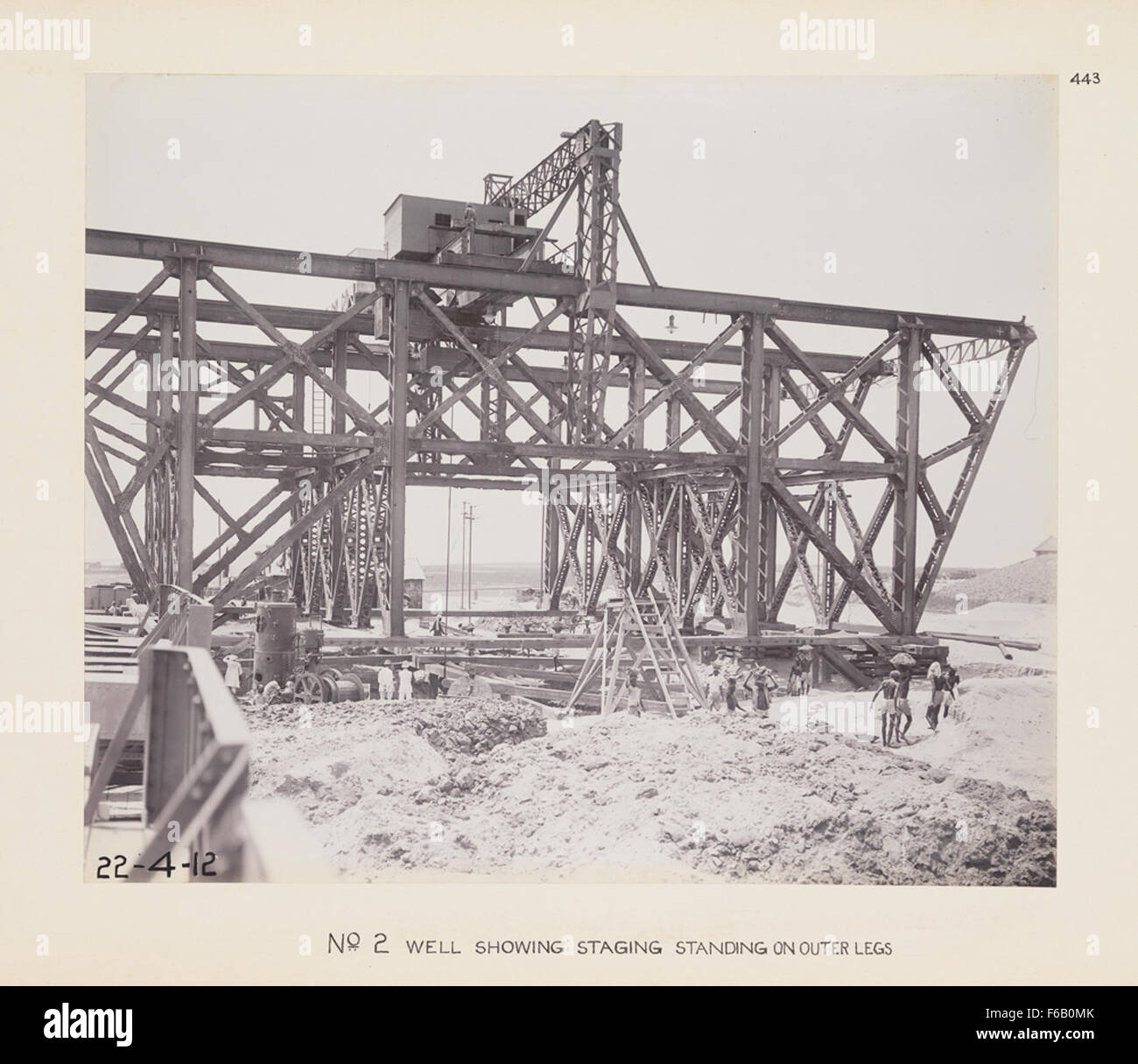 Questa immagine mostra una scena di costruzione di un ponte ferroviario, con il pozzetto n. 2 in piedi sulle gambe esterne. Illustra il processo di staging per la costruzione di un ponte, un passo fondamentale nello sviluppo delle ferrovie nell'era industriale. Foto Stock