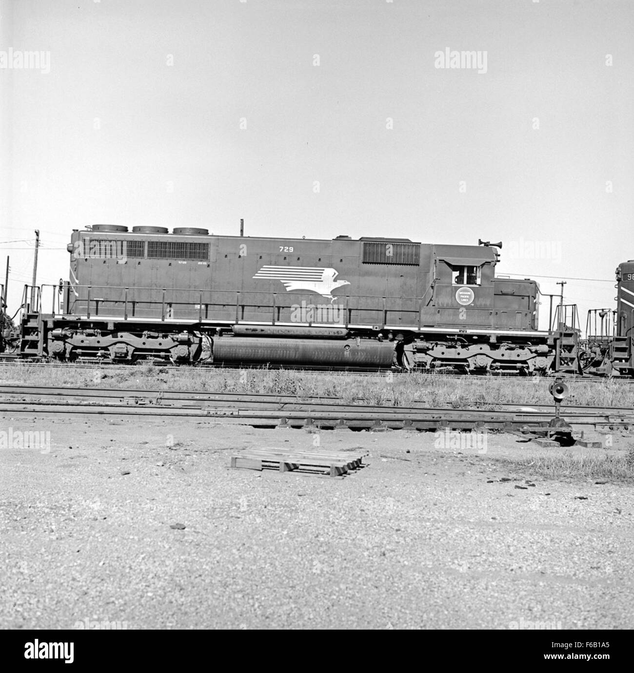 Questa fotografia mostra il Missouri Pacific Diesel Electric Road Switcher No. 729, un tipo di locomotiva utilizzata per le operazioni di commutazione nei cantieri ferroviari. L'immagine evidenzia il design e la funzionalità potenti del treno. Foto Stock