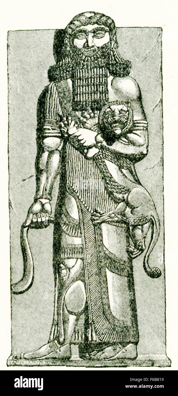Questo assiro bassorilievo da Khorsabad mostra l'eroe epico Gilgamesh soffoca un leone. È stato disegnato da Faucher-Gudin di Gaston Maspero il libro sulla storia dell'Egitto e si trova ora al Museo del Louvre. Mesopotamiche eroe epico Gilgamesh fu re di Erech, una città-stato è stato che era assediata dai nemici. Se Gilgamesh è o è basato su una figura storica, lui probabilmente era un re vissuto tra il 2800 e il 2500 A.C. Nel poema epico babilonese intitolato Gilgamesh, non vi sono riferimenti a Gilgamesh incontrando un orgoglio dei leoni e la loro uccisione e indossano le loro pelli come vestiti. Foto Stock