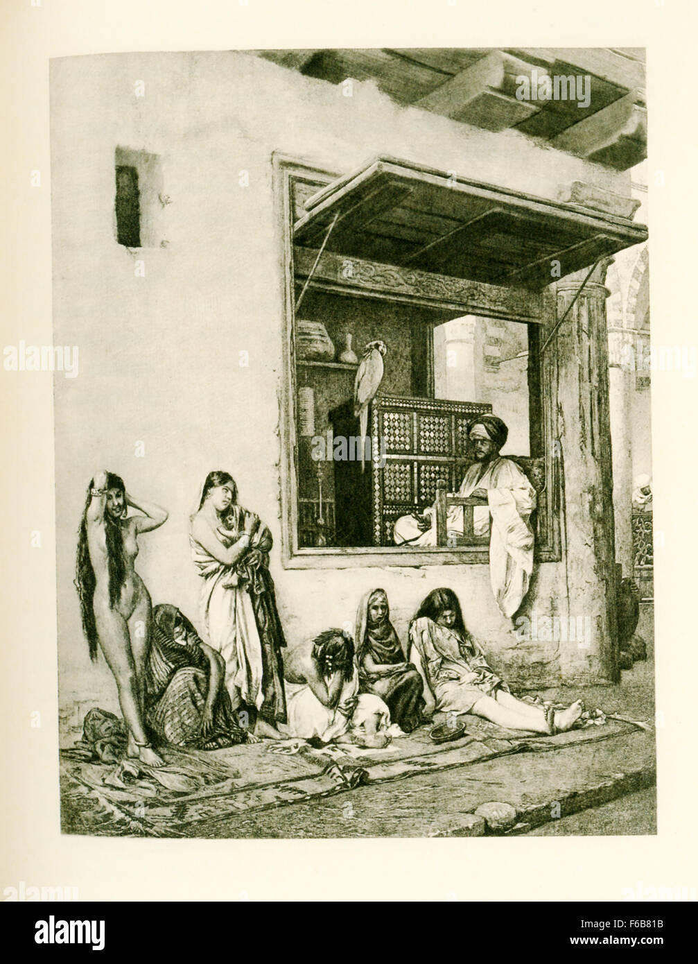 Questa illustrazione risale al 1903 e apparso nel libro della storia dell'Egitto da parte dell'egittologo francese Gaston Maspero. Essa mostra uno schiavo egiziano merchant con le donne che ha in vendita nel suo mercato. Foto Stock