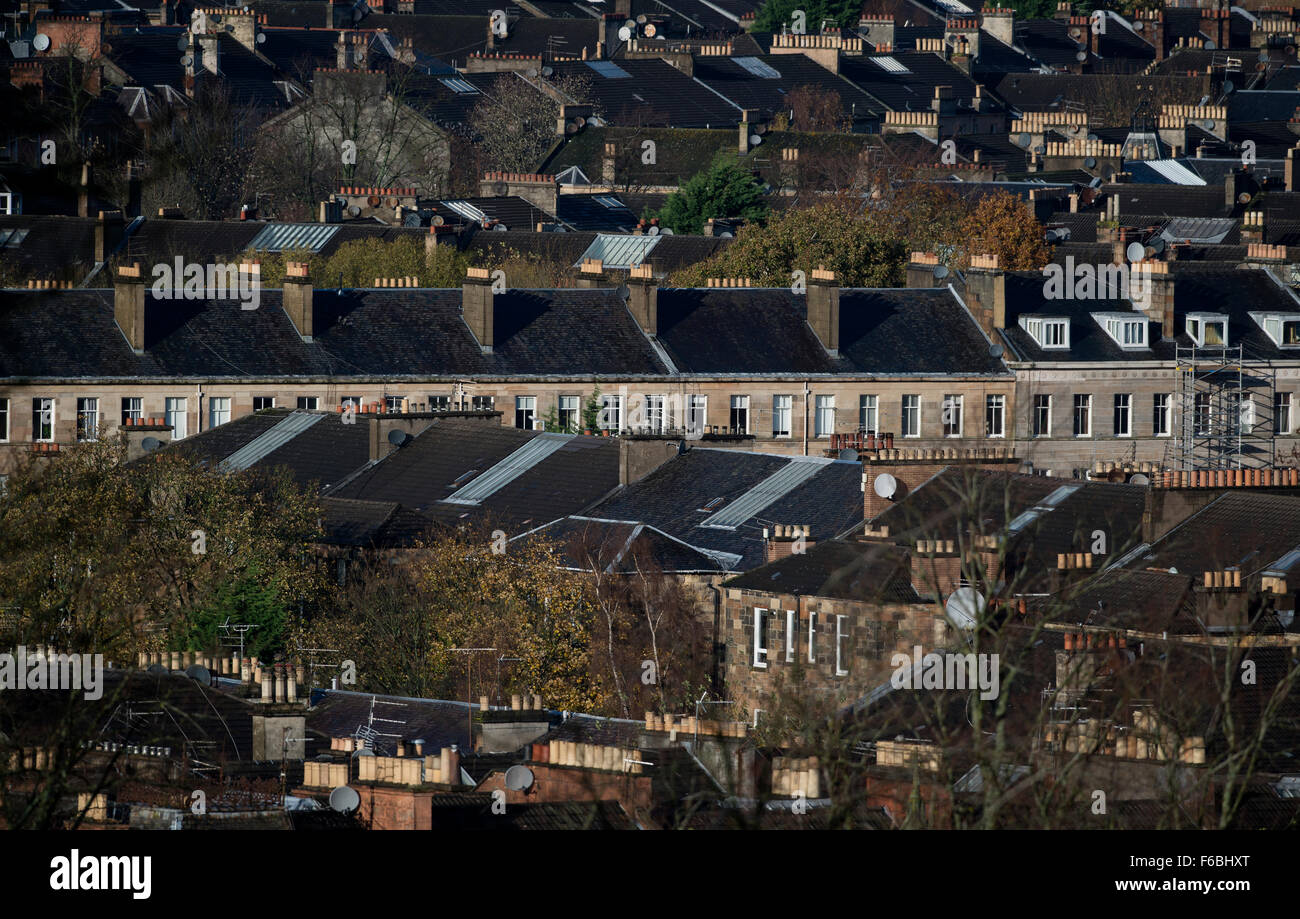 Vista degli appartamenti Tenement a Glasgow. Foto Stock