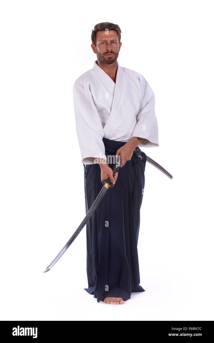 Aikido cintura nera isolata master Foto stock - Alamy