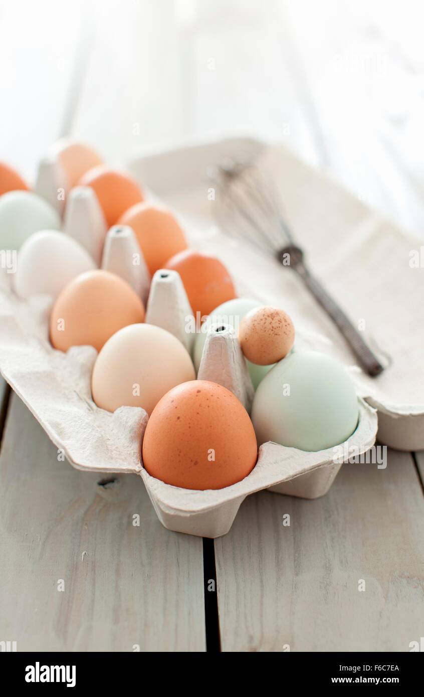 Una varietà di uova fresche in un cartone Confezione di uova; aperto con un frullino Foto Stock
