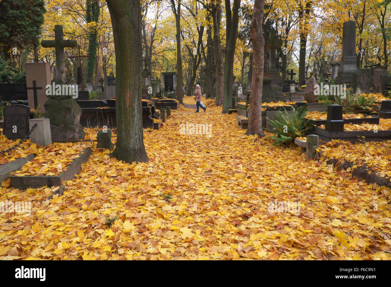 Varsavia POLONIA - Autunno in grande stile gotico cimitero Powazki Foto Stock
