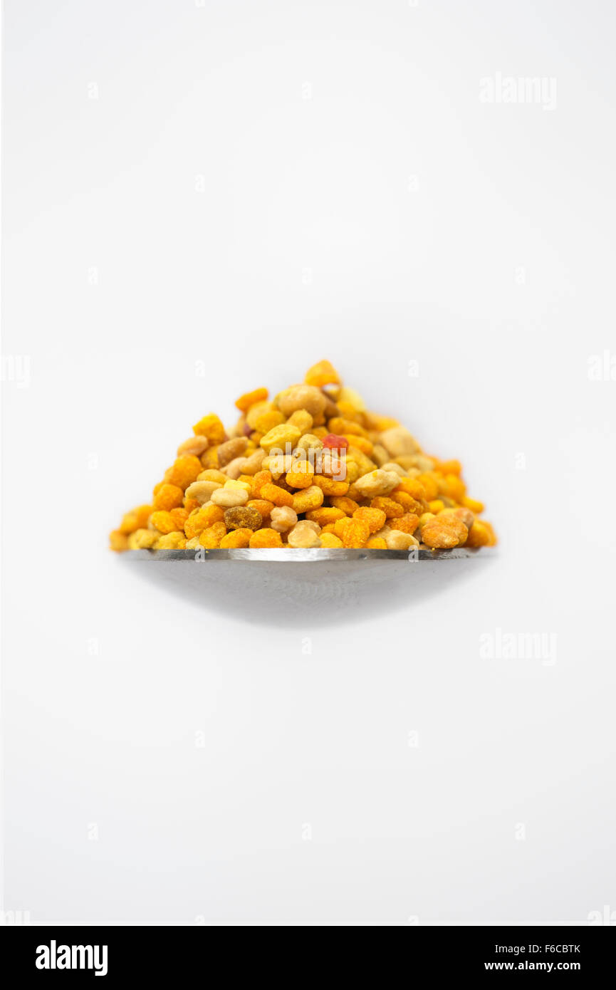 Polline di api su un cucchiaio contro uno sfondo bianco Foto Stock