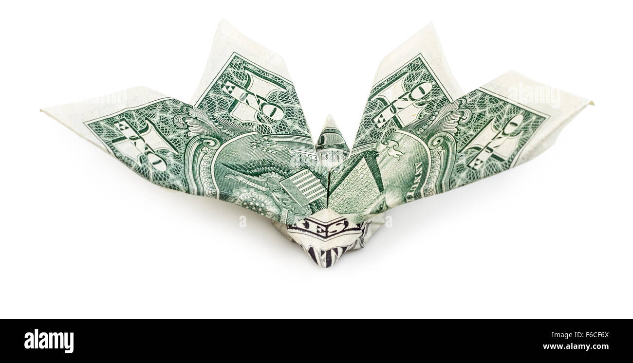 Dollar origami butterfly isolati su sfondo bianco. Vista frontale. Moneygami. Foto Stock