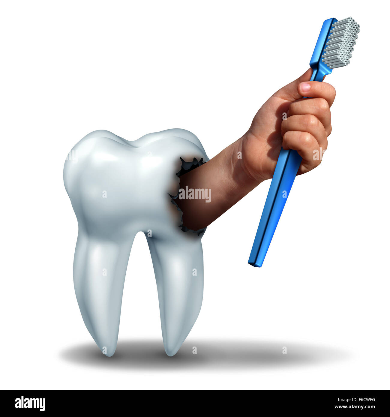 Spazzolare i denti nozione come un dente umano con una cavità come una mano che esce fuori tenendo un generico o uno spazzolino da denti spazzolino da denti come dental health care simbolo per igiene orale per evitare le cavità dei denti. Foto Stock