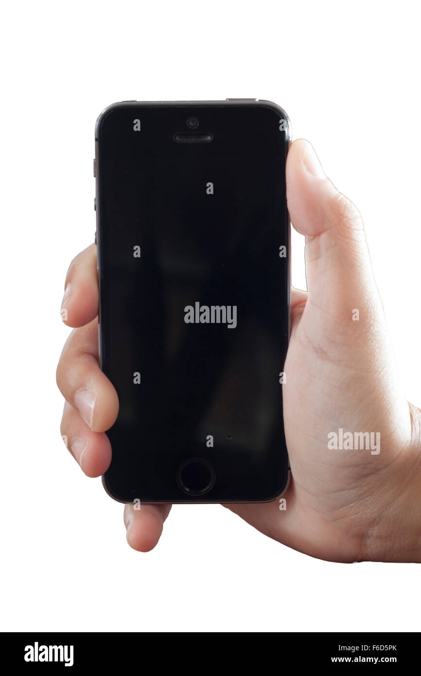 Smart phone sul lato isolato su sfondo bianco con percorso cliping Foto Stock