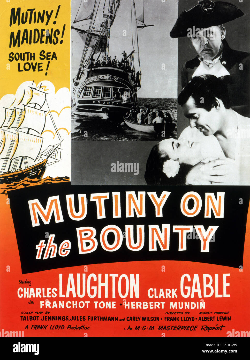 Data di rilascio: 22 novembre 1935. Il titolo del filmato: l'ammutinamento del Bounty. STUDIO: Metro Goldwyn Mayer (MGM). Trama: il guardiamarina Roger Byam si unisce il Capitano Bligh e Fletcher Christian a bordo della HMS Bounty per un viaggio a Tahiti. Bligh dimostra di essere un tiranno brutale e dopo sei mesi di piacevole a Tahiti, Christian conduce all' equipaggio di ammutinamento sul homeward voyage. Anche se Byam non prende parte al mutiny, egli deve difendersi contro le accuse che egli ha sostenuto cristiano. Nella foto: . Foto Stock