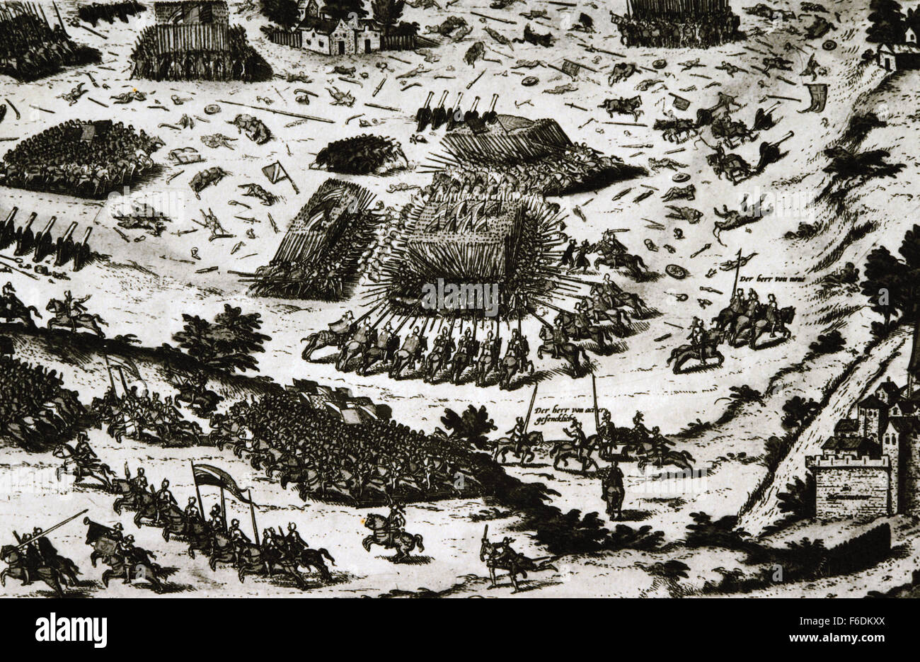 Battaglia di Moncontour, 3 ottobre 1569, tra le forze cattoliche del re Carlo IX di Francia ed ugonotti durante la terza guerra (1568-1570) del francese guerre di religione. Incisione. Foto Stock