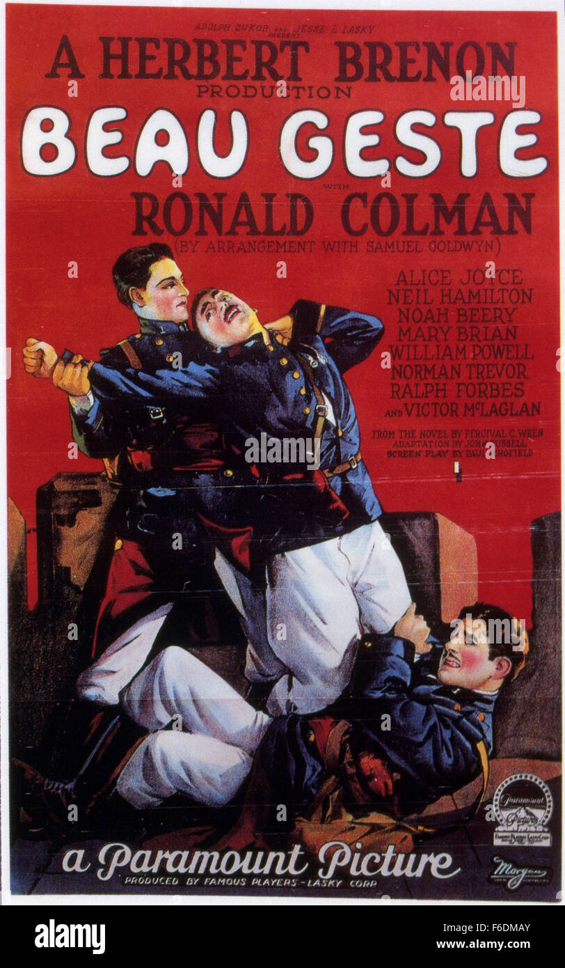 Data di rilascio: Settembre 15, 1939. Il titolo del filmato: BEAU GESTE. STUDIO: BEAU GESTE. Trama: Michael "BEAU GESTE" lascia Inghilterra in disgrazia e unisce la famigerata Legione Straniera francese. Si è riunita con i suoi due fratelli in Nord Africa, dove si faccia maggiore pericolo dal proprio comandante sadico che da il ribelle arabi. Nella foto: Movie Poster (immagine di credito: Intrattenimento foto) Foto Stock Data di rilascio: Settembre 15, 1939. Il titolo del filmato: BEAU GESTE. STUDIO: BEAU GESTE. Trama: Michael "BEAU GESTE" lascia Inghilterra in disgrazia e unisce la famigerata Legione Straniera francese. Si è riunita con i suoi due fratelli in Nord Africa, dove si faccia maggiore pericolo dal proprio comandante sadico che da il ribelle arabi. Nella foto: Movie Poster (immagine di credito: Intrattenimento foto) Foto Stock