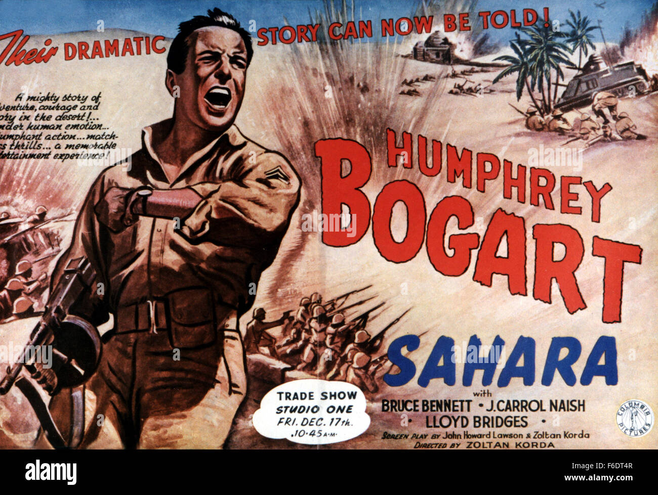 Data di rilascio: 11 novembre 1943. Il titolo del filmato: Sahara. STUDIO: Columbia Pictures Corporation. Trama: girato durante la II Guerra Mondiale, questo film è stato destinato per essere un pezzo di propaganda per il governo degli Stati Uniti. Seargant Joe Gunn (Bogart) conduce un abbandonato il gruppo serbatoio dopo la caduta di Tobruk in Nord Africa. I serbatoi preleva inglesi, francesi, Sud Africani e soldati sudanesi lungo la strada, diventando un microcosmo delle truppe alleate. Il gruppo lavora insieme per sconfiggere un molto più grande forza tedesca che vuole la stessa acqua bene che essi hanno. Il film ritrae tutte le immagini che gli Stati Uniti considera impor Foto Stock