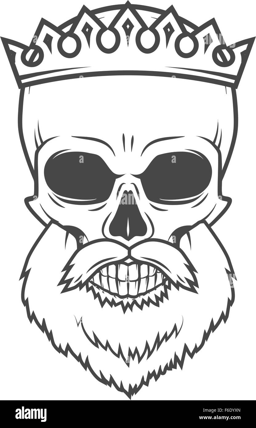 Cranio Barbuto con corona elemento di design. Re morto Arthur ritratto vintage. Vettore Royal t-shirt illustrazione. Illustrazione Vettoriale